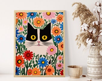 Chat mignon dans un champ de fleurs | Art contemporain audacieux | Formats A4 A3 A2 | Ludique et fantaisiste | Décoration murale moderne | Délice floral félin