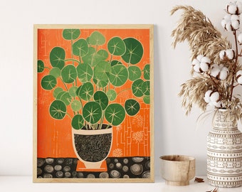 Warm Mid-Century Lino Cut Chinese Money Plant Art Print - A4 A3 A2 Sizes - Stylish Wall Decor for Vintage and Nature-Inspired Home Art