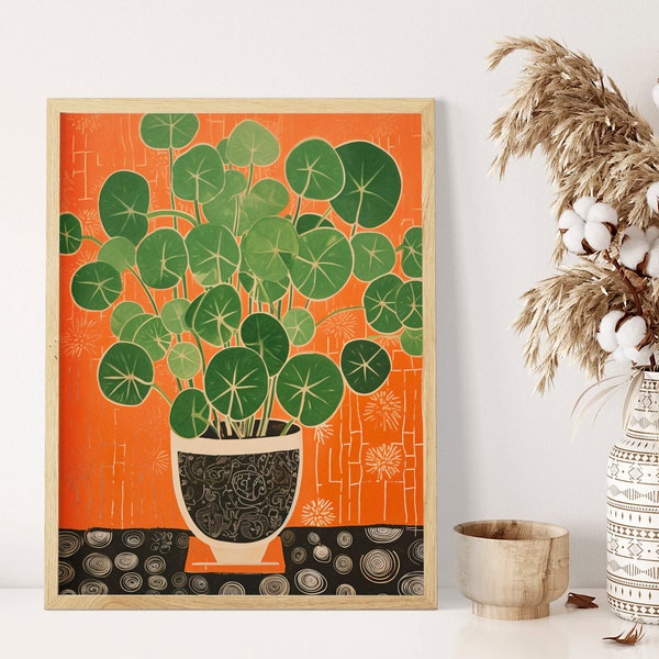Warm Mid-Century Lino Cut Chinese Money Plant Art Print - A4 A3 A2 Sizes - Stylish Wall Decor for Vintage and Nature-Inspired Home Art