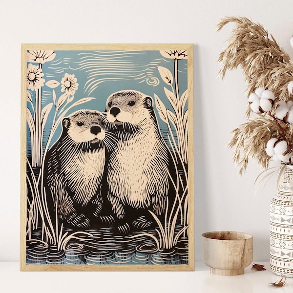 Otter Lino Cut Monochromatic and Blue Art Print | A2 A3 A4 Sizes | Charming River Scene, Simple Rustic Minimalist