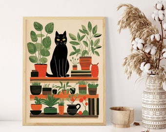 Charming Mid-Century Black Cat & Plants Illustration Art Print | Vintage Feline Botanical Home Décor | A2, A3, A4 Size, Gift Idea