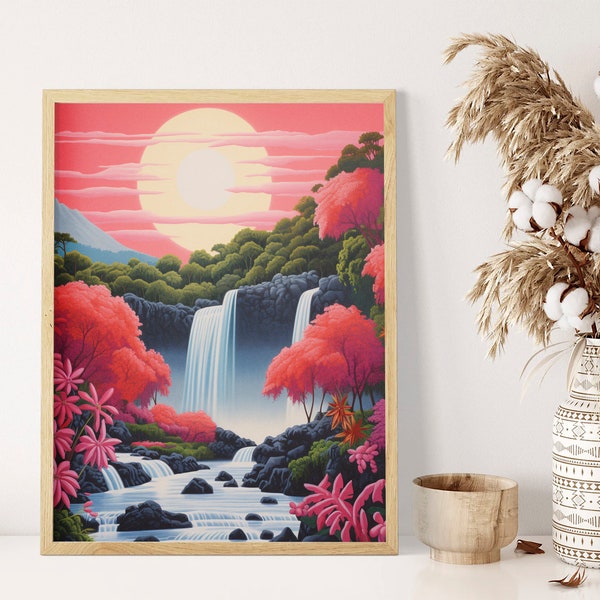 Vibrant and Mystical Waterfall Landscape - A4 A3 A2 Sizes - Captivating Art Print for Serene Home Decor and Wall Art Enthusiasts