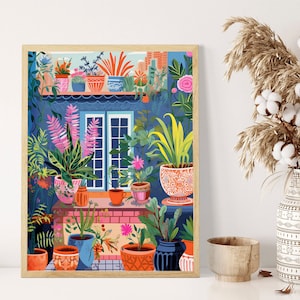 Bright & Vibrant Urban Garden Art | Contemporary Cozy Style | A4 A3 A2 Sizes | Colourful Wall Decor | Playful Garden Scene