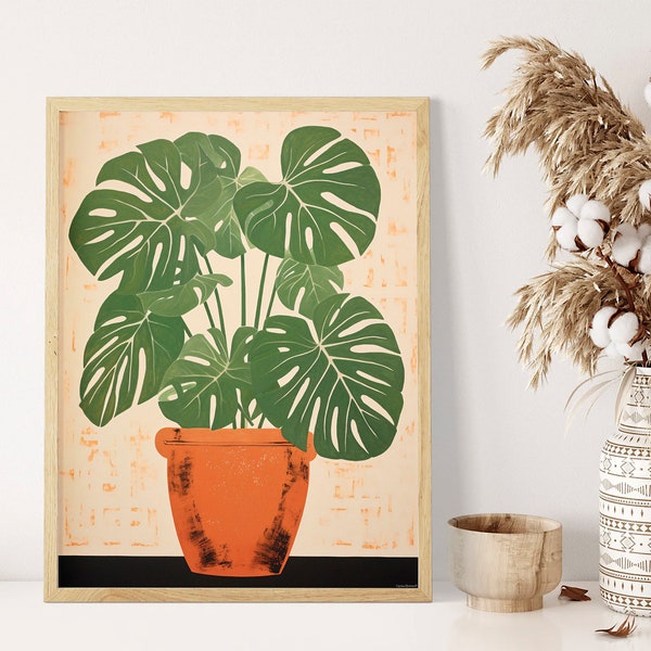 Warm Mid-Century Lino Cut Cheese Plant Art Print - A4 A3 A2 Sizes - Stylish Wall Decor for Vintage and Nature-Inspired Home Art Monstera
