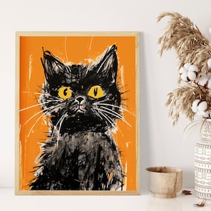 Grumpy Cat on Orange | A2 A3 A4 Sizes | Whimsical Feline Art Print with a Pop of Colour, Cute and Playful Modern Design, Cat Lover Gift