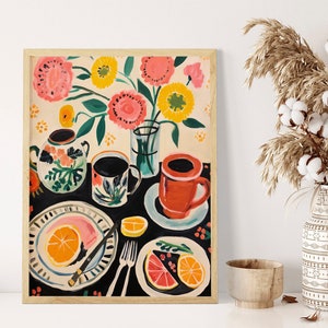 Mid-Century Warm Kitchen Art Print: Cozy Breakfast, Coffee, and Fruit Still Life in A2 A3 A4 Sizes for Culinary Nostalgia Home Decor Delight