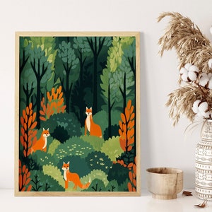 Cute Foxes in the Forest: Scandinavian Styled Illustration Art Print - A2, A3, A4 - Whimsical Woodland Charm for Your Home Decor