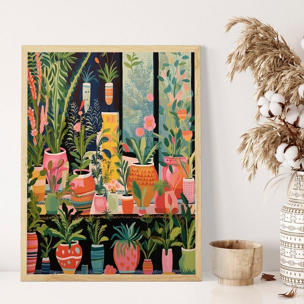 Mid-Century Warm Botanical Art Print with Lush Potted Plants | A4 A3 A2 Sizes Available | Vintage Home Decor Inspired by Nature's Beauty