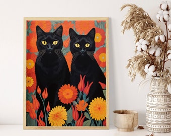 Warm and Cozy Black Cats Art Print - A2, A3, A4, A5, A6 - Add Feline Charm to Your Home Decor - Mid-century, Boho Cat Lover Gift