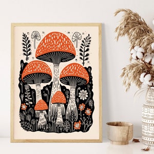 Monochromatic Lino Cut Mushroom Art Print | Rustic Mid-Century Woodland Wall Decor | A2 A3 A4 Sizes, Tasteful Cozy Autumnal Art