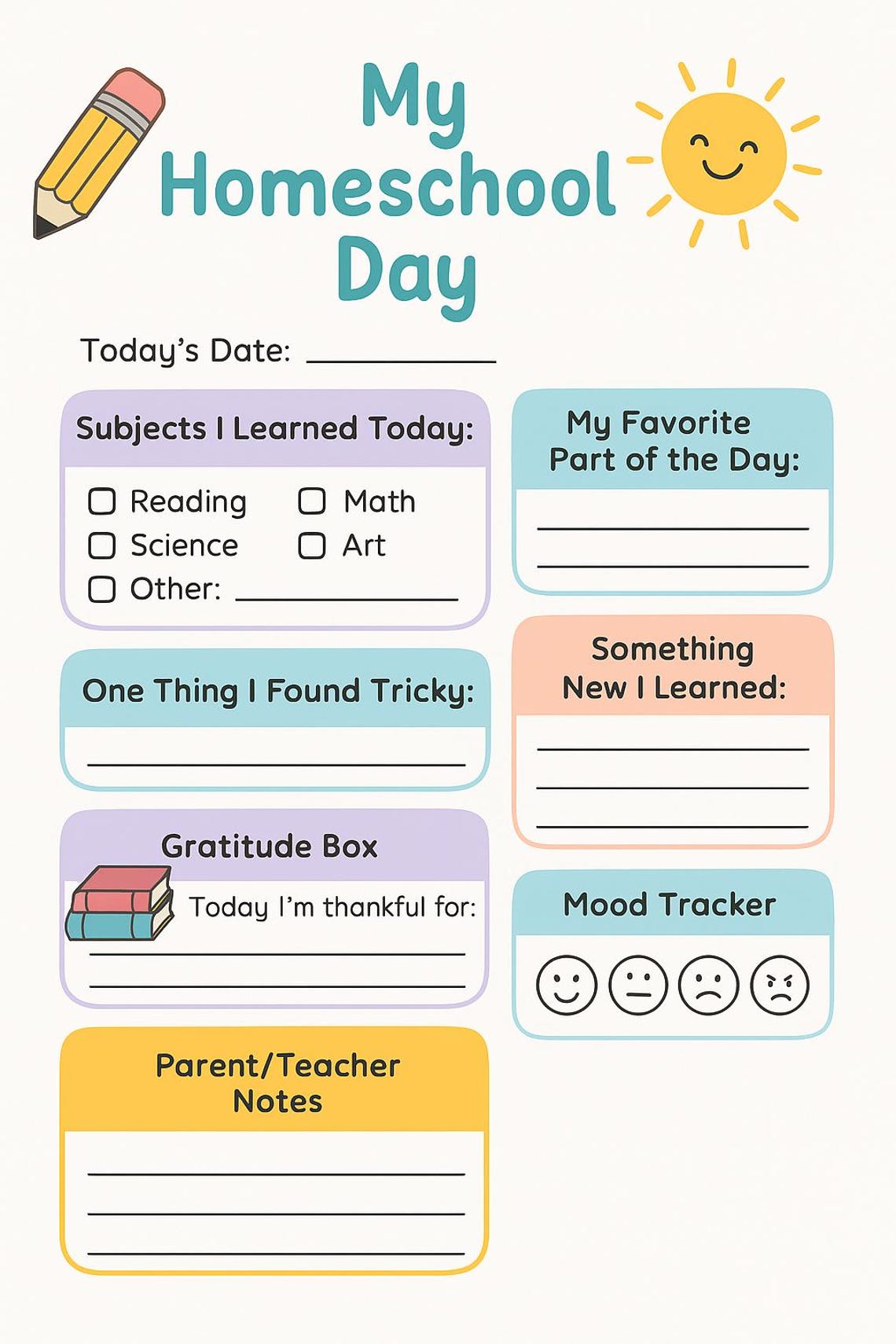 Printable Homeschool Journal Page for Kids/ Daily Learning Reflection ...