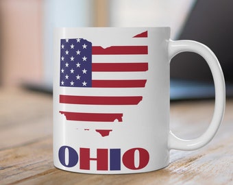 Taza con la bandera estadounidense y el mapa de Ohio, taza de café patriótica de Ohio, decoración de escritorio de Ohio, EE. UU.