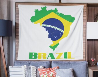 Tapeçaria de parede com mapa e bandeira do Brasil, decoração brasileira para parede.