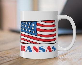 American Flag Kansas Map Mug, Patriotic Kansas Coffee Mug, Kansas Desk Decor