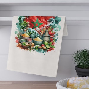 Moroccan Cuisine Inspired Kitchen Towel, Moroccan Flag Tea Towel, Morocco Travel Gift, Moroccan Decor, Moroccan Food Gifts, Kitchen Decor