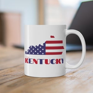 Kentucky Coffee Mug, American Flag Kentucky Map Mug, Patriotic Kentucky Pride Cup, KY Souvenir Mug, Kentucky Gifts, USA Flag Kentucky Mug