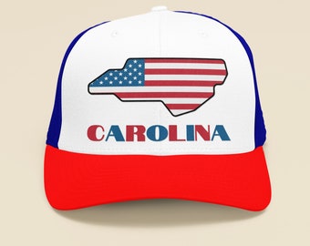 North Carolina Trucker Hat, American Flag NC Map Cap, Patriotic NC Dad Hat Gift