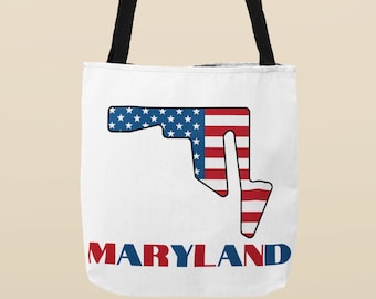 Maryland Map Tote Bag, American Flag Maryland Tote, Patriotic MD Beach Travel Bag