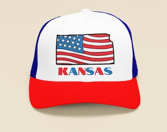 Kansas Trucker Hat, amerikanische Flagge KS Map Cap, Patriotisches Kansas Dad Hat Geschenk