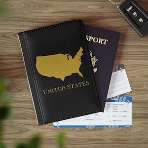ブラックとゴールドの米国地図パスポートホルダー、ミニマリストの米国旅行用ウォレット、エレガントな米国パスポートカバー、米国パスポートウォレット、アメリカのギフト
