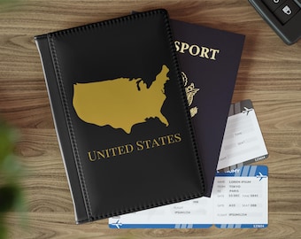 American Passport Cover, USA Map Passport Holder, United States of America Travel Wallet, Black Gold USA Passport Case, Gift for Americans