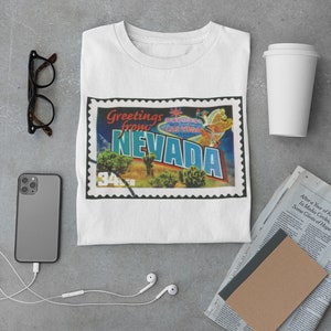 Vintage Nevada Stamp Tshirt, 100% Cotton Retro Las Vegas Art Print, Cute Western Tshirt for Boyfriend, Girlfriend, Dad, Mom, School