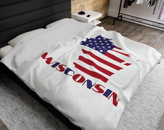 Manta de Wisconsin, manta con la bandera estadounidense y el mapa de Wisconsin, ropa de cama con el orgullo del estado de Wisconsin, decoración patriótica de Wisconsin, regalos de Wisconsin
