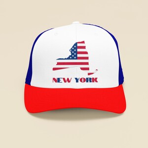 Casquette trucker drapeau américain New York, chapeau New York patriotique, chapeau carte NY, chapeau papa New York, cadeau New York, casquette de l'État de NY, casquette de camionneur NY