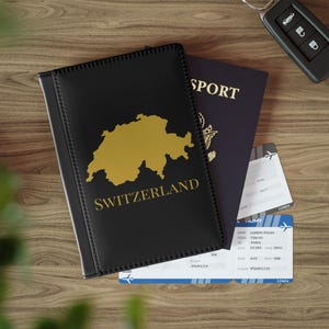 Black and Gold Switzerland Map Passport Holder, Swiss Passport Wallet, Switzerland Travel Wallet, Switzerland Passport Case, Swiss Gift
