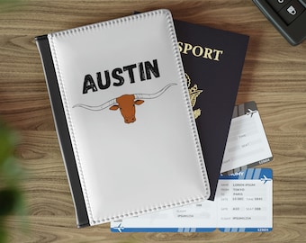 Porta-passaporte Austin Texas, carteira de viagem Austin TX, capa de passaporte Texas Longhorn, carteira de passaporte Austin, presente Austin Texas