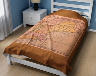 Cobertor com mapa da Nova Inglaterra em estilo vintage, cobertor colonial histórico em estilo rústico da Nova Inglaterra, decoração para casa na Nova Inglaterra, decoração colonial