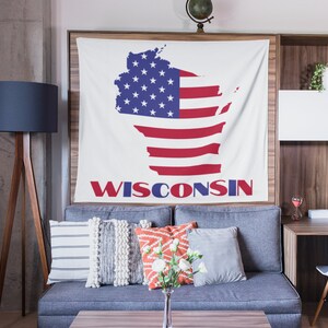 Drapeau américain, carte du Wisconsin, tapisserie murale, cadeaux pour la maison pour lui, décoration de dortoir, décoration d'intérieur du Wisconsin, cadeaux pour petit ami, tapisserie pour salle de classe