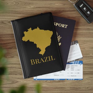 黒と金のブラジル地図パスポートホルダー、ブラジル旅行用ウォレット、ブラジルパスポートカバー、ブラジルパスポートウォレット、ブラジル旅行ギフト