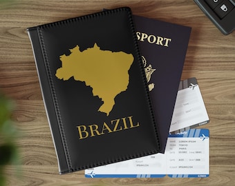 Brazilian Passport Cover, Brazil Map Passport Holder, South America Travel Wallet, Black Gold Brazil Passport Case, Gift for Brazilians