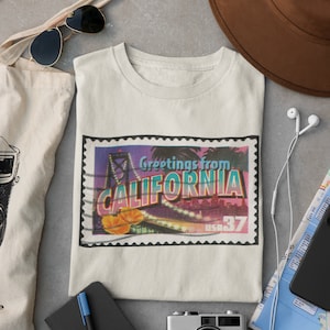 Vintage California Stamp Tshirt, 100% Cotton Retro Trendy Coastal Art Print, Cute West Coast Gift for Boyfriend, Girlfriend, Mom, School