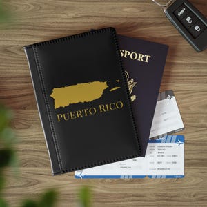 Black and Gold Puerto Rico Map Passport Holder, Puerto Rico Travel Wallet, Puerto Rican Passport Cover, Puerto Rico Wallet, Puerto Rico Gift