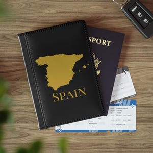 Schwarz-Gold-Spanien-Kartenhalter, minimalistische Spanien-Reisebrieftasche, elegante spanische Passhülle, Spanien-Passbrieftasche, Spanien-Geschenk