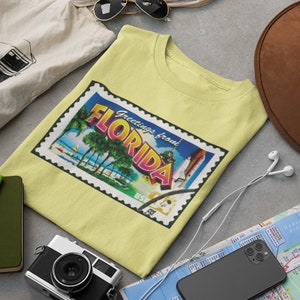Vintage Florida Stamp Tshirt, 100% Cotton Retro Trendy Art Print, FL Beach Tropical Gator Canaveral, Cute Gift Boyfriend, Girlfriend, School