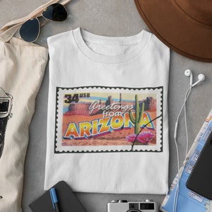 Vintage Arizona Stempel Tshirt, 100% Baumwolle Trendy Retro Südwesten USA AZ Wüste Kunstdruck, niedliches Kaktus Shirt, Geschenk für Freund, Schule, Schule
