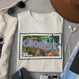 Vintage Stamp Georgia Tshirt, 100% Cotton Trendy Custom Georgia Peach Art Print, Cute Southern Gift for Boyfriend, Girlfriend, Dad, School