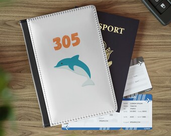 Porta-passaporte de Miami, capa para passaporte com o código de área 305, carteira de viagem para Miami, Flórida, estojo para passaporte com golfinho de Miami, presente de viagem para Miami