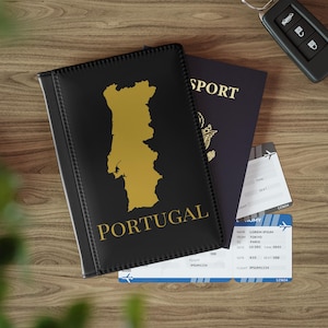 Zwart en goud paspoorthouder kaart Portugal, reisportemonnee Portugal, Portugese paspoorthoes, portemonnee paspoort Portugal, cadeau Portugal