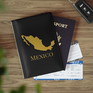 Porte-passeport carte du Mexique noir et or, portefeuille de voyage au Mexique, couverture de passeport mexicain, portefeuille de passeport du Mexique, cadeau de voyage au Mexique