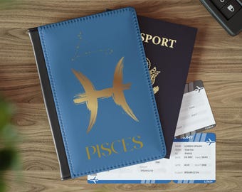 Portapassaporto Pesci, Portapassaporto con segno zodiacale Pesci, Portafoglio da viaggio con segno zodiacale Pesci, Regalo con segno zodiacale Pesci, Regalo di compleanno Pesci