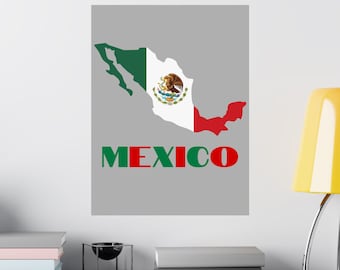 May include: A gray background with a white, green, and red outline of Mexico with the Mexican flag in the center. The word "MEXICO" is written in green, red, and green letters below the outline.