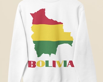 Moletom com estampa da bandeira da Bolívia e mapa, modelo pulôver de gola redonda boliviano.