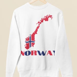 Moletom com bandeira norueguesa e mapa da Noruega, moletom com bandeira da Noruega, camisa fofa da Noruega, presente de viagem para a Noruega, gola redonda da Noruega, estampa de mapa da Noruega
