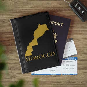 Porte-passeport noir et or avec carte du Maroc, portefeuille pour passeport marocain, portefeuille de voyage pour le Maroc, étui à passeport minimaliste pour le Maroc, cadeau Maroc