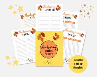 May include: Five printable checklists to help plan your Thanksgiving dinner. The checklists include a to-do list, grocery list, guest list, menu, and a dish planner. The checklists are decorated with fall leaves.