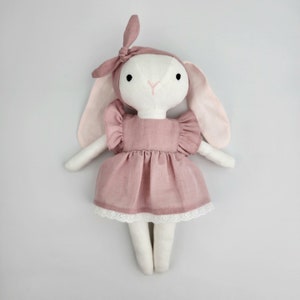 Bunny Doll - Handmade linen soft toy for children - Pink Linen Dress